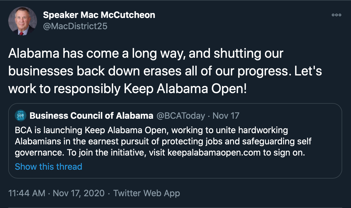 Mac McCutcheon 'Keep Alabama Open' tweet